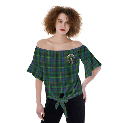 Stewart Hunting Modern Tartan Crest Off-Shoulder Blouse