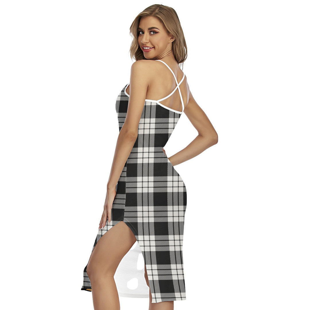 MacFarlane Black White Ancient Tartan Crest Back Cross Cami Dress