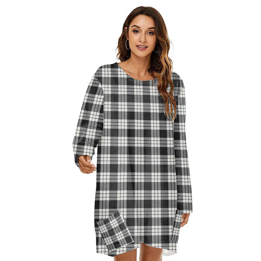 MacFarlane Black White Ancient Tartan Plaid Loose Crew Neck Dress