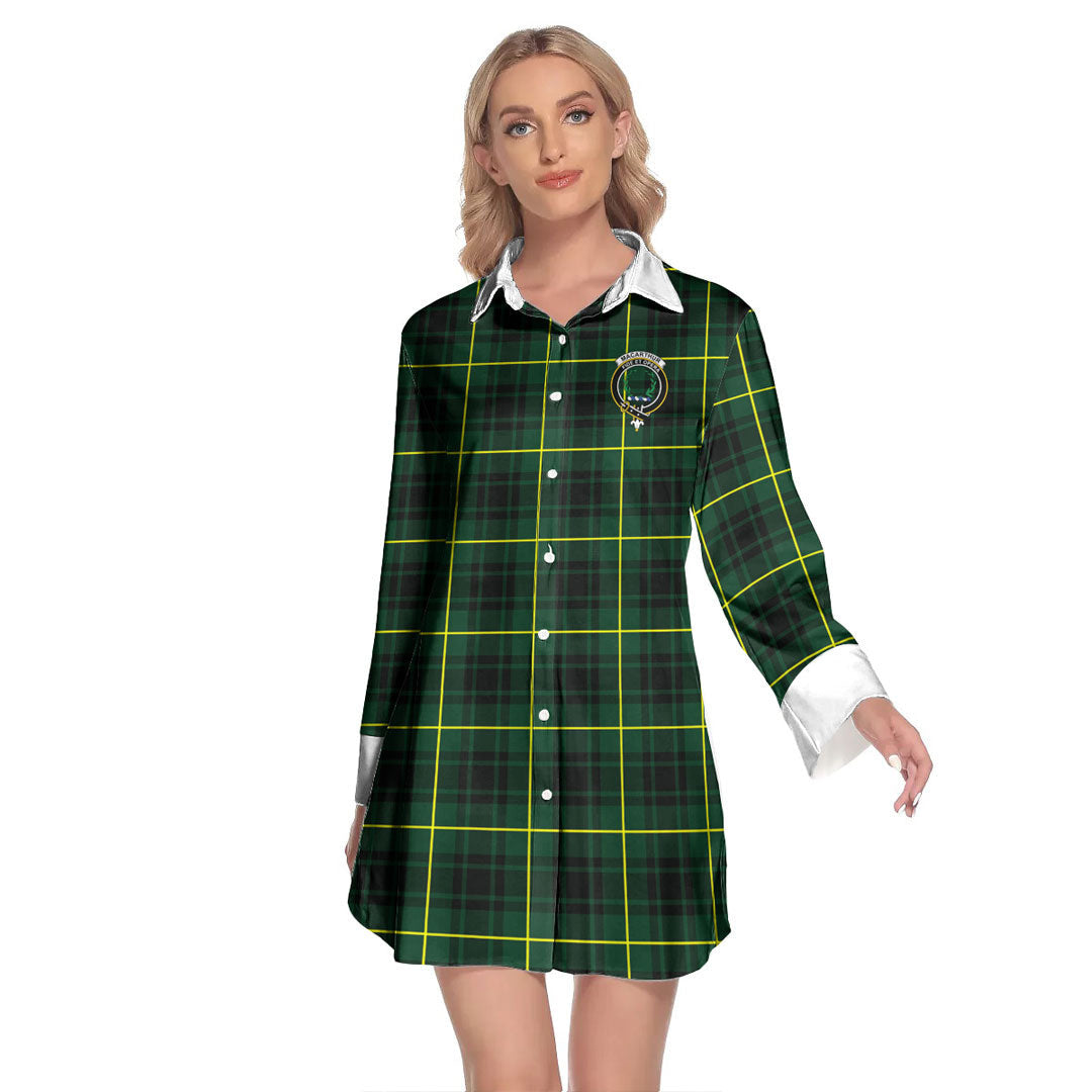 MacArthur Modern Tartan Crest Lapel Shirt Dress Long Sleeve