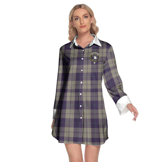 Cunningham Dress Blue Dancers Tartan Crest Lapel Shirt Dress Long Sleeve