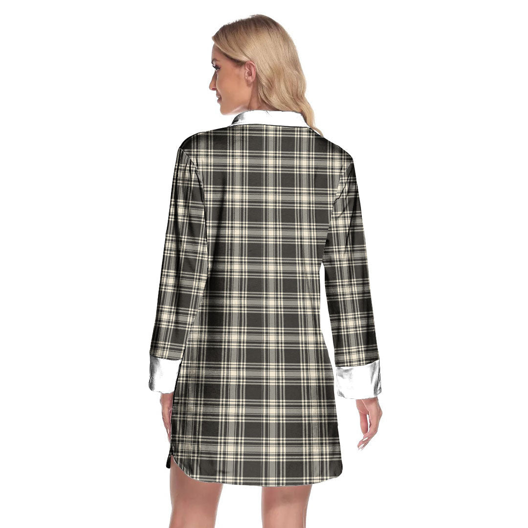 Menzies Black White Ancient Tartan Crest Lapel Shirt Dress Long Sleeve