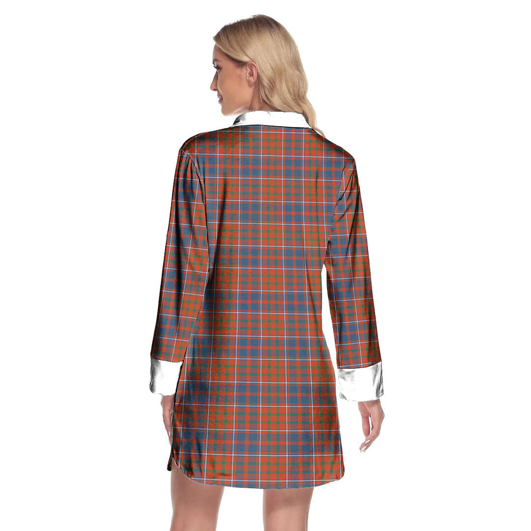 Cameron of Lochiel Ancient Tartan Crest Lapel Shirt Dress Long Sleeve