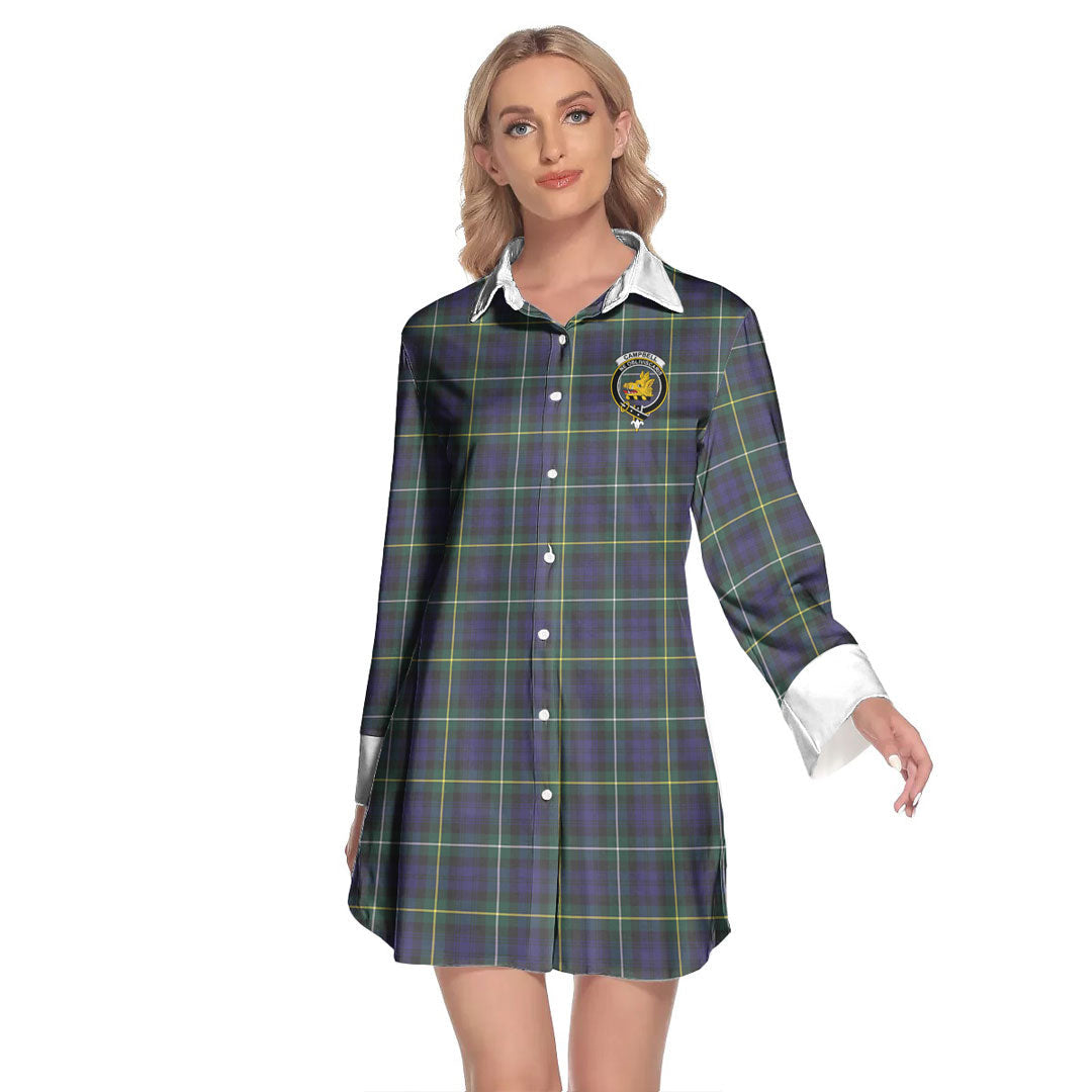 Campbell Argyll Modern Tartan Crest Lapel Shirt Dress Long Sleeve