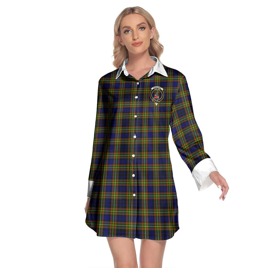 Clelland Modern Tartan Crest Lapel Shirt Dress Long Sleeve