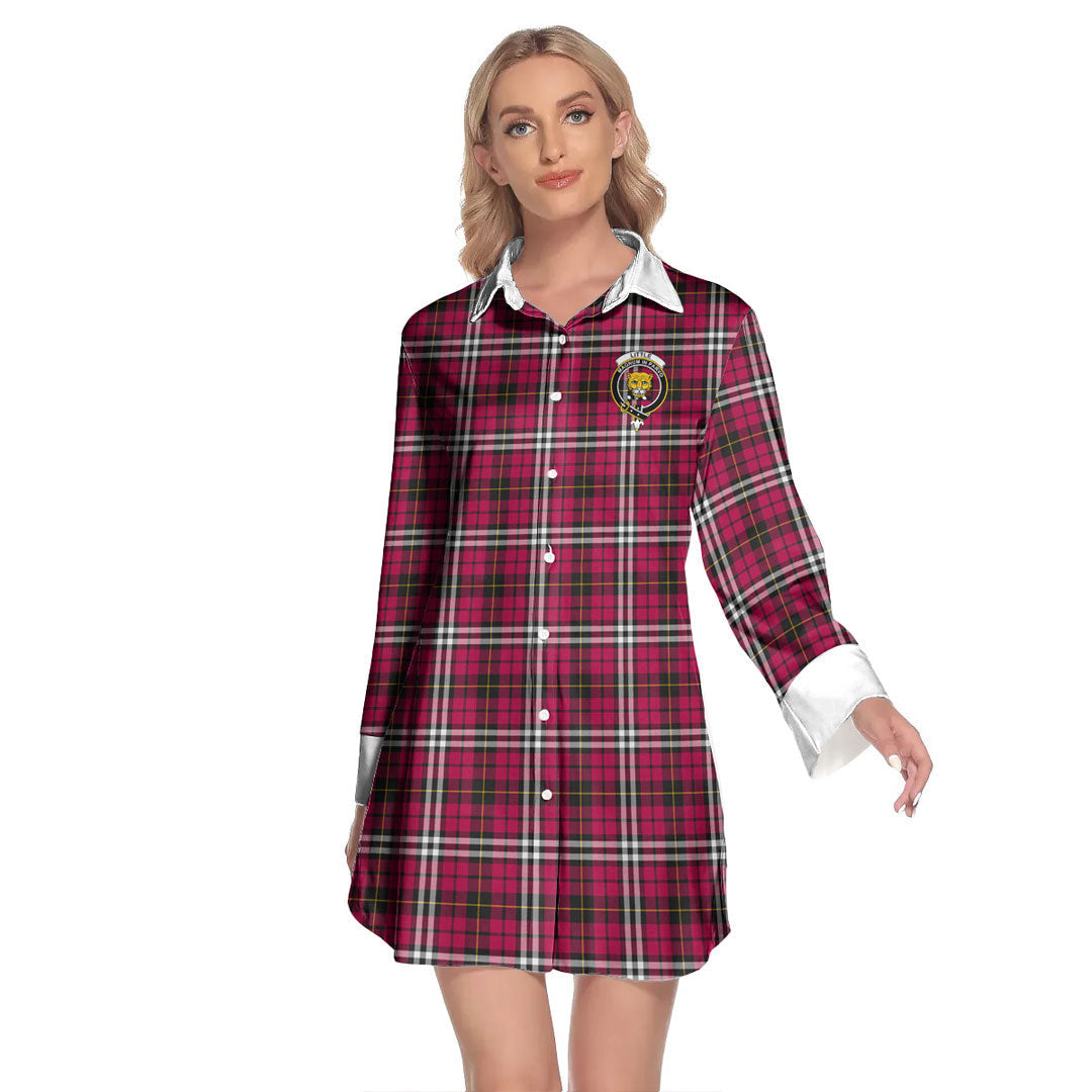 Little Tartan Crest Lapel Shirt Dress Long Sleeve