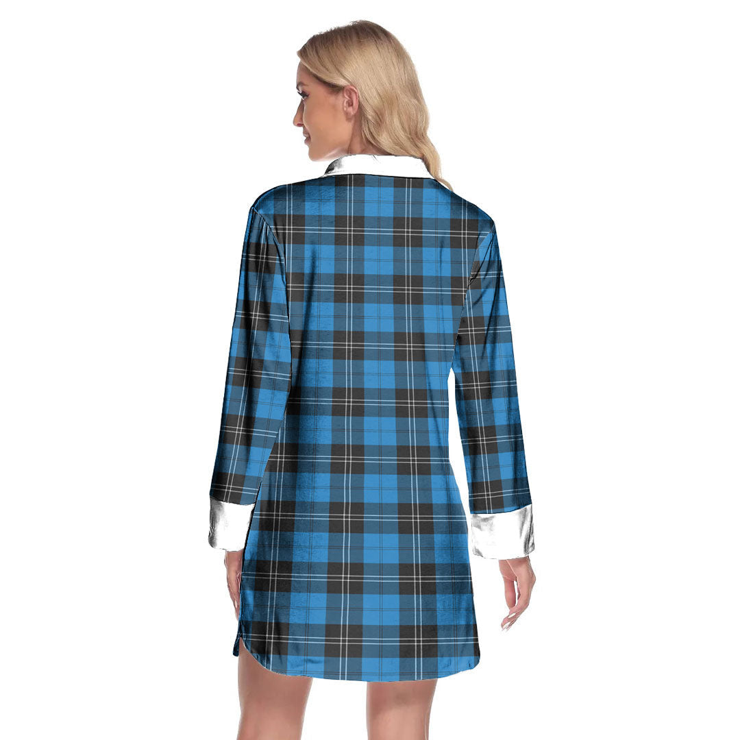 Ramsay Blue Ancient Tartan Crest Lapel Shirt Dress Long Sleeve