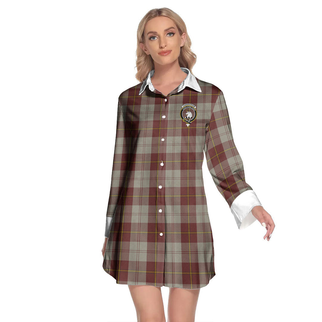 Cunningham Burgundy Dancers Tartan Crest Lapel Shirt Dress Long Sleeve