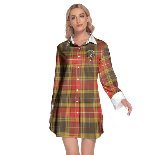 Buchanan Old Set Weathered Tartan Crest Lapel Shirt Dress Long Sleeve