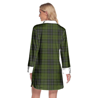 MacLean Hunting Tartan Crest Lapel Shirt Dress Long Sleeve