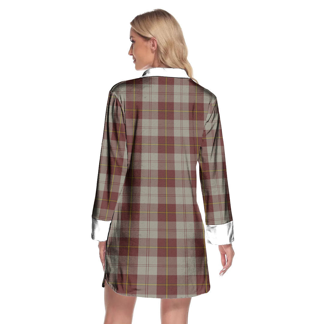 Cunningham Burgundy Dancers Tartan Crest Lapel Shirt Dress Long Sleeve