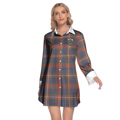 Fraser Hunting Modern Tartan Crest Lapel Shirt Dress Long Sleeve