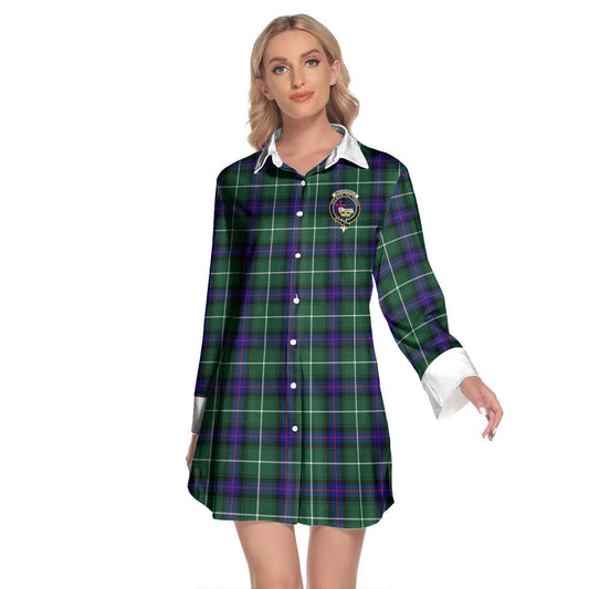 MacDonald of the Isles Hunting Modern Tartan Crest Lapel Shirt Dress Long Sleeve