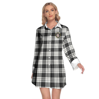 MacFarlane Black White Ancient Tartan Crest Lapel Shirt Dress Long Sleeve