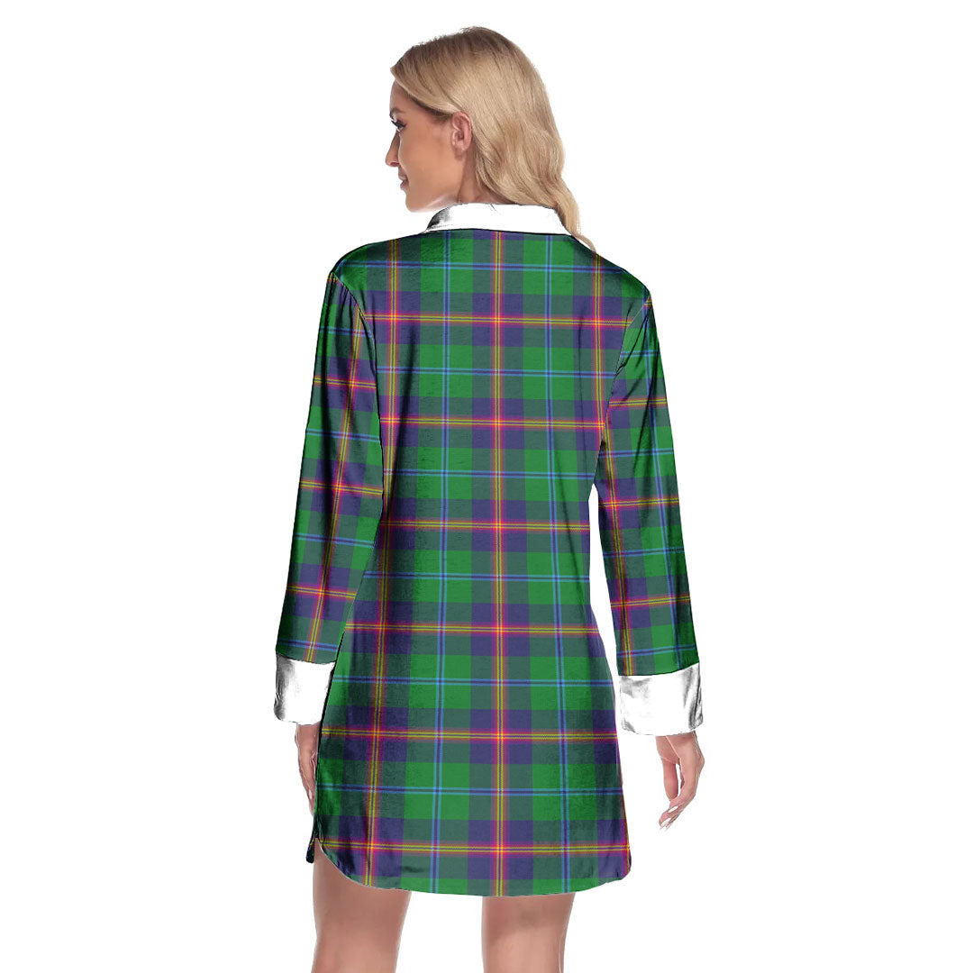 Young Modern Tartan Crest Lapel Shirt Dress Long Sleeve