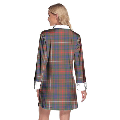 Fraser Hunting Modern Tartan Crest Lapel Shirt Dress Long Sleeve