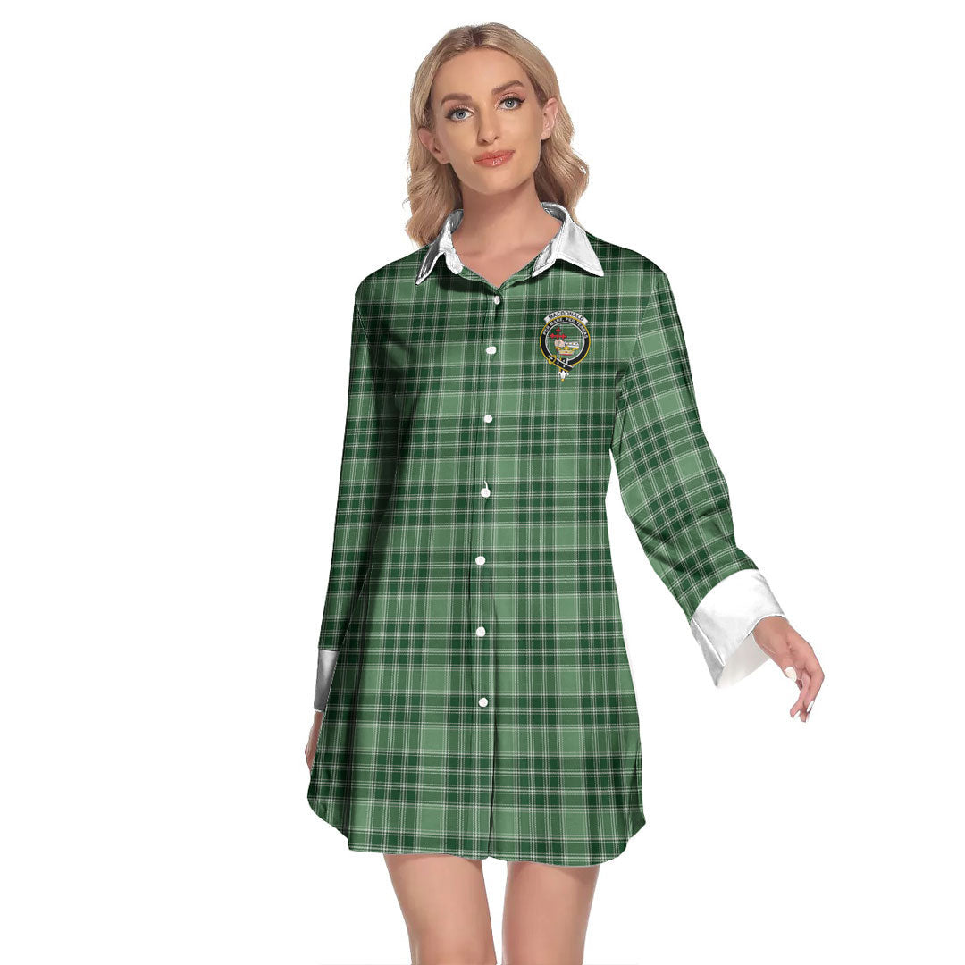 MacDonald Lord of the Isles Hunting Tartan Crest Lapel Shirt Dress Long Sleeve