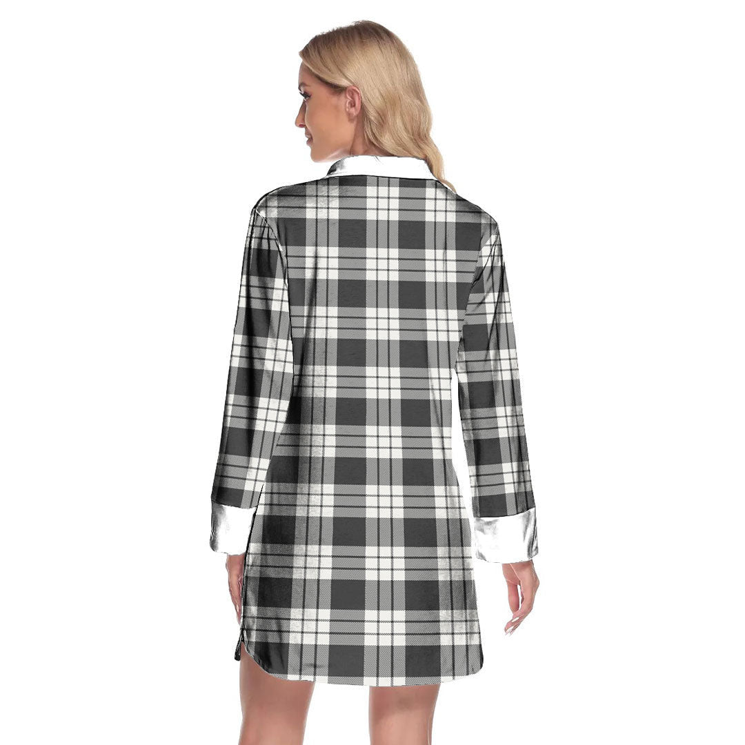 MacFarlane Black White Ancient Tartan Crest Lapel Shirt Dress Long Sleeve