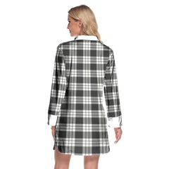 MacFarlane Black White Ancient Tartan Crest Lapel Shirt Dress Long Sleeve