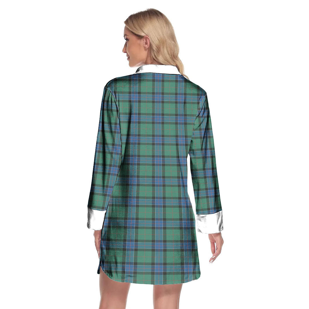 Sinclair Hunting Ancient Tartan Crest Lapel Shirt Dress Long Sleeve