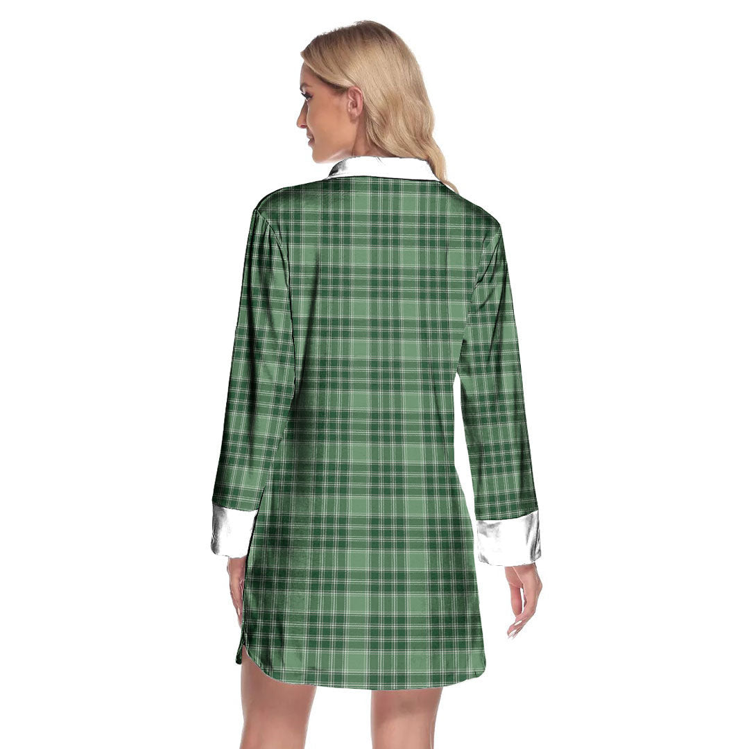 MacDonald Lord of the Isles Hunting Tartan Crest Lapel Shirt Dress Long Sleeve