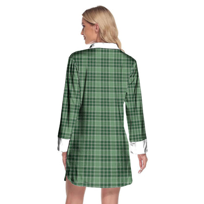 MacDonald Lord of the Isles Hunting Tartan Crest Lapel Shirt Dress Long Sleeve