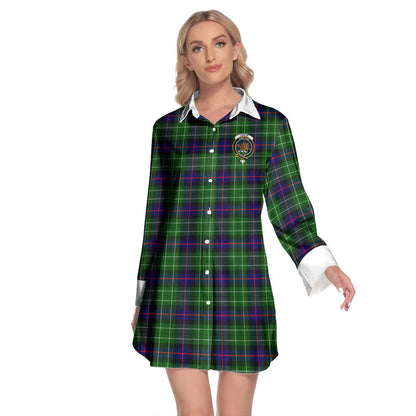 Leslie Hunting Tartan Crest Lapel Shirt Dress Long Sleeve