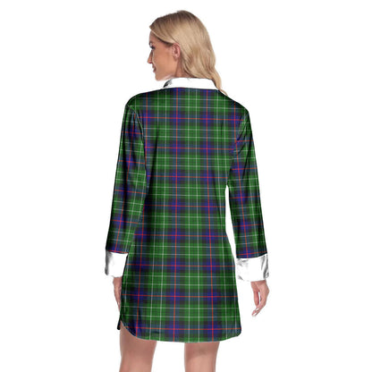 Leslie Hunting Tartan Crest Lapel Shirt Dress Long Sleeve