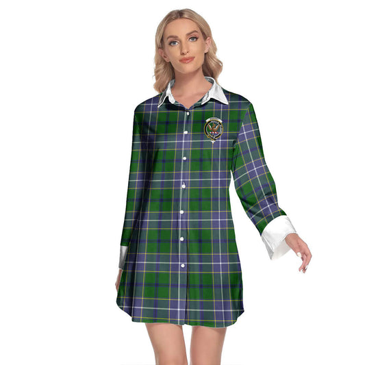 Wishart Hunting Modern Tartan Crest Lapel Shirt Dress Long Sleeve