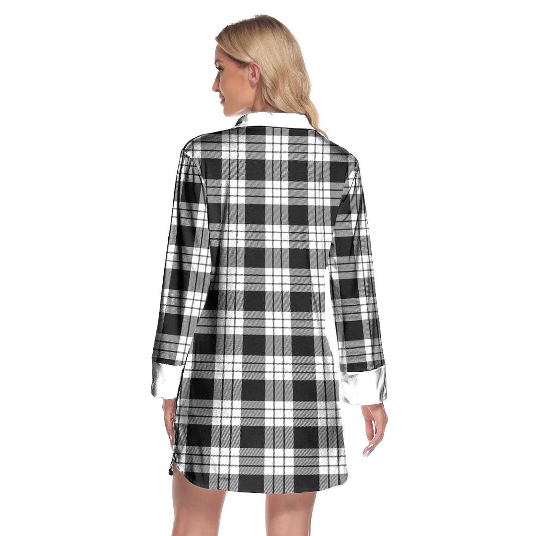 MacFarlane Black White Tartan Crest Lapel Shirt Dress Long Sleeve