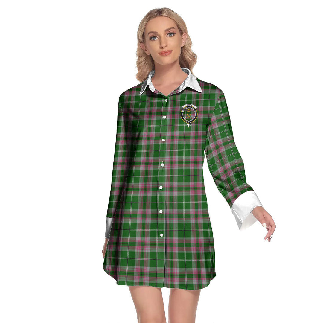 Gray Hunting Tartan Crest Lapel Shirt Dress Long Sleeve