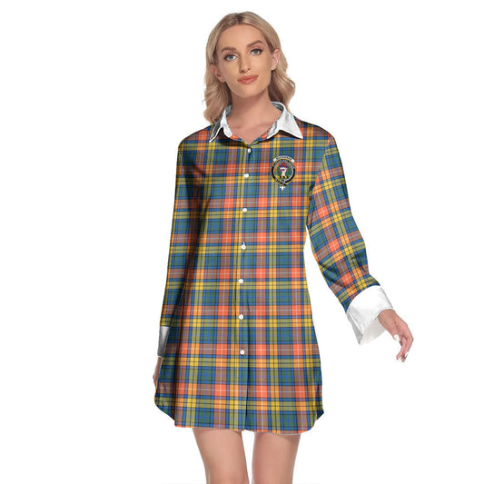 Buchanan Ancient Tartan Crest Lapel Shirt Dress Long Sleeve