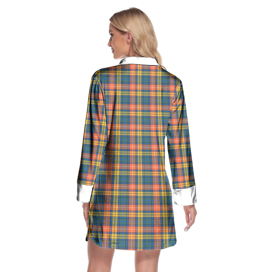 Buchanan Ancient Tartan Crest Lapel Shirt Dress Long Sleeve