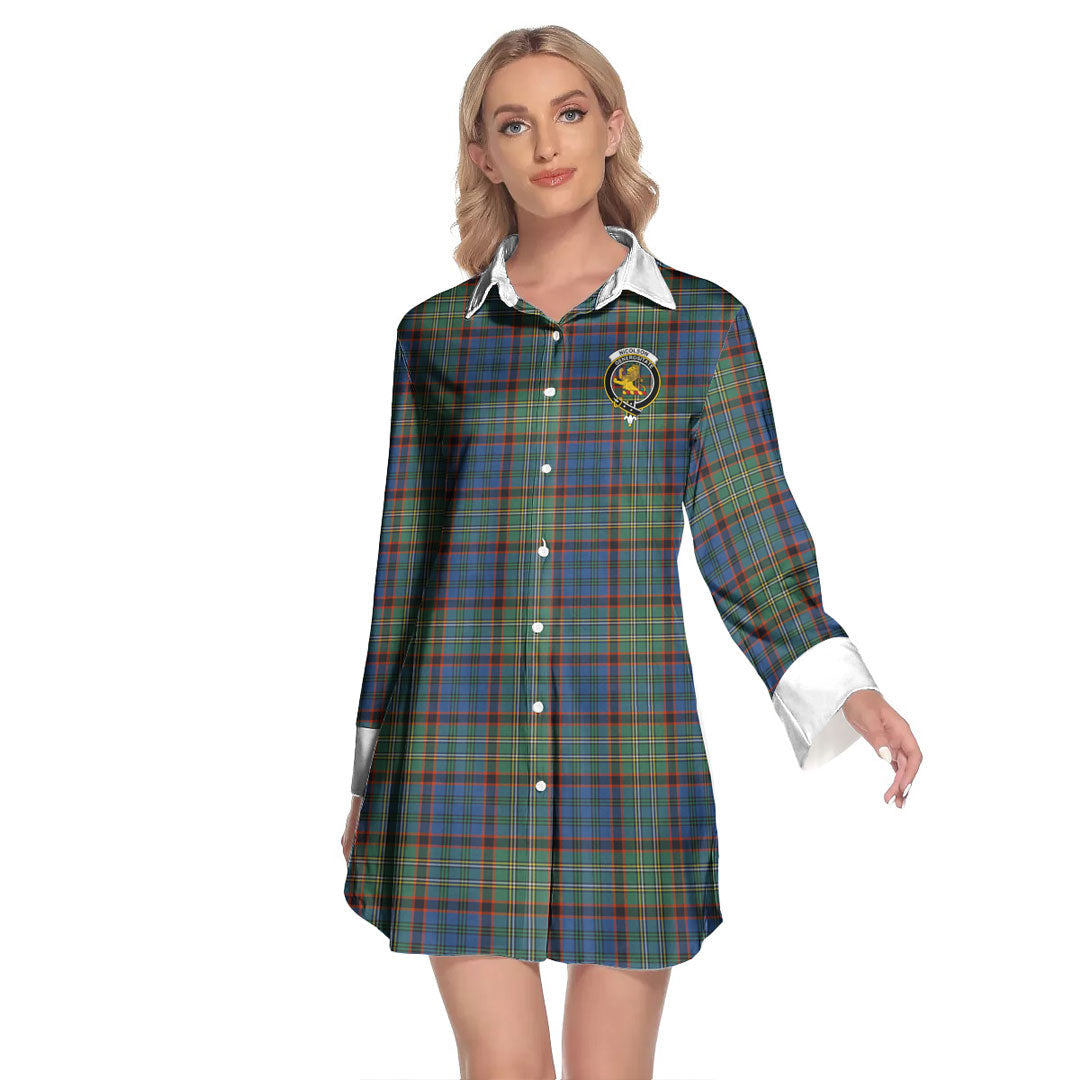 Nicolson Hunting Ancient Tartan Crest Lapel Shirt Dress Long Sleeve