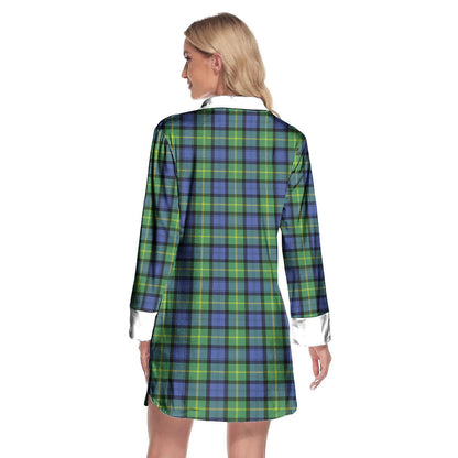 Gordon Old Ancient Tartan Crest Lapel Shirt Dress Long Sleeve