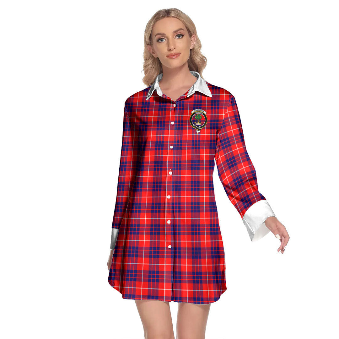 Hamilton Modern Tartan Crest Lapel Shirt Dress Long Sleeve