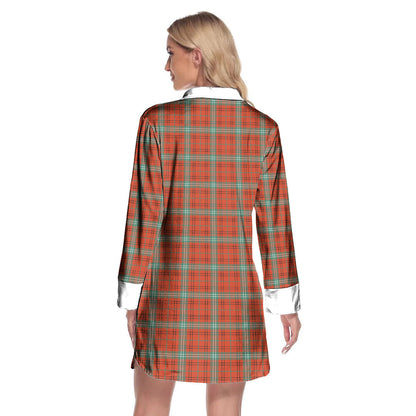 Morrison Red Ancient Tartan Crest Lapel Shirt Dress Long Sleeve