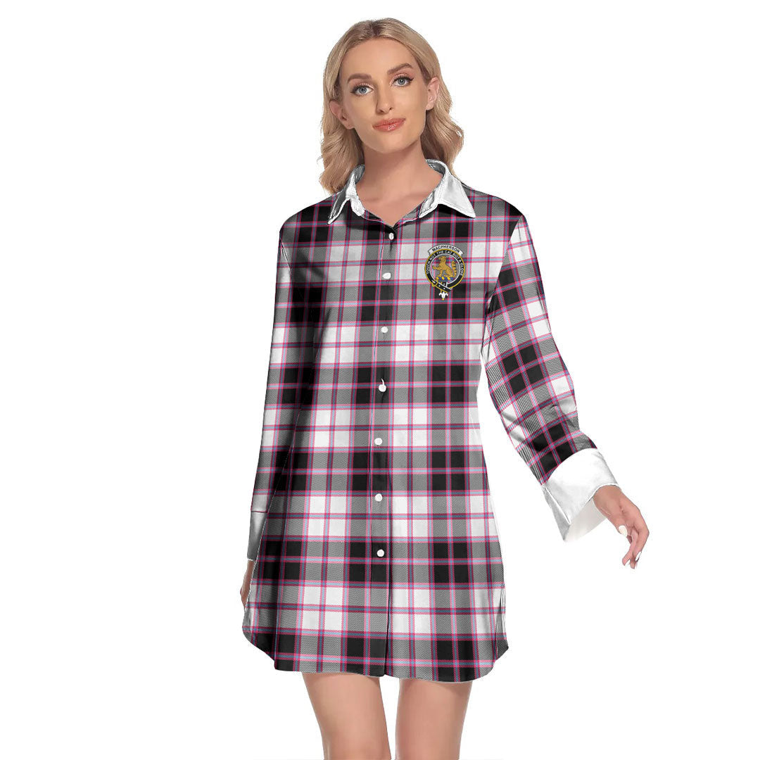 MacPherson Hunting Modern Tartan Crest Lapel Shirt Dress Long Sleeve