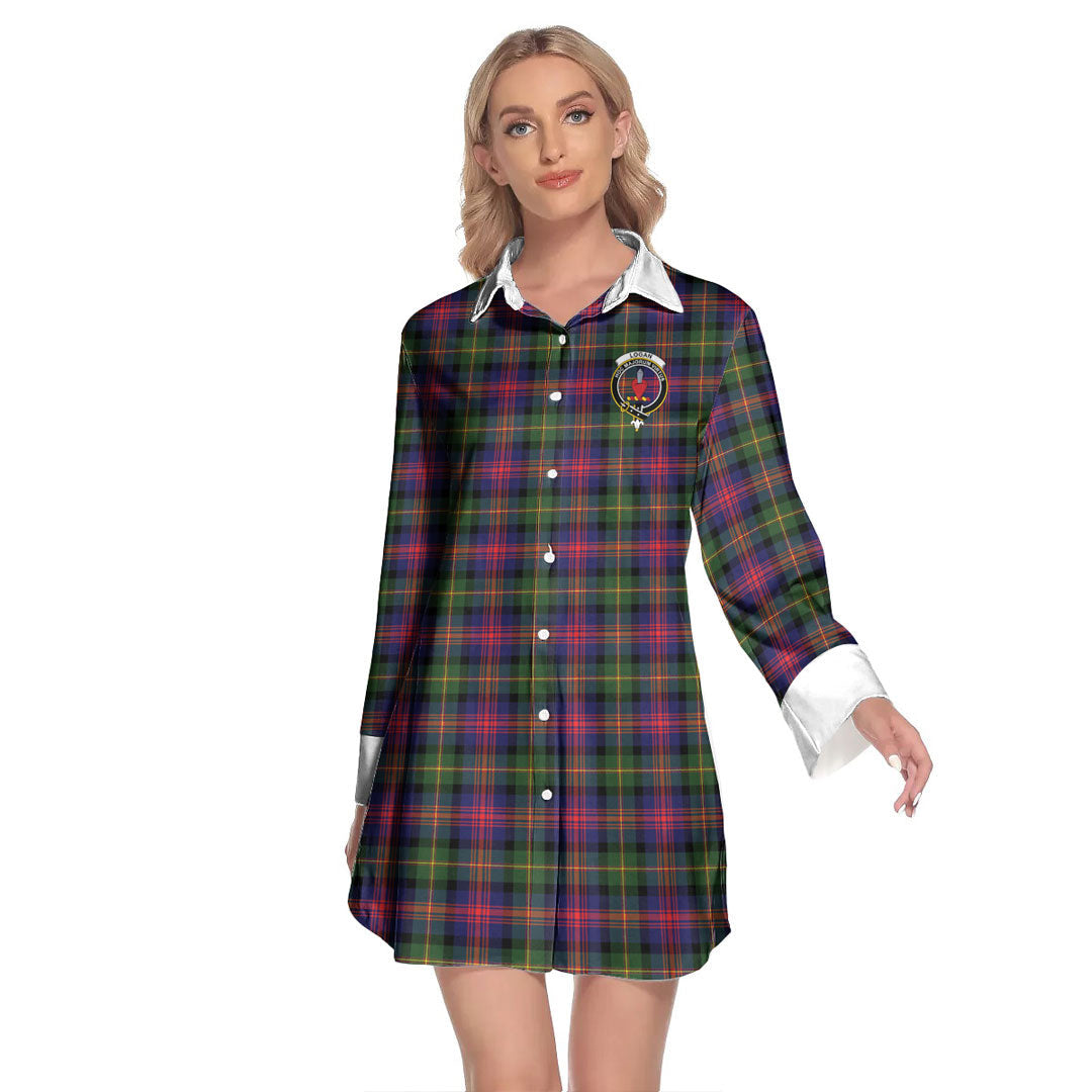 Logan Modern Tartan Crest Lapel Shirt Dress Long Sleeve