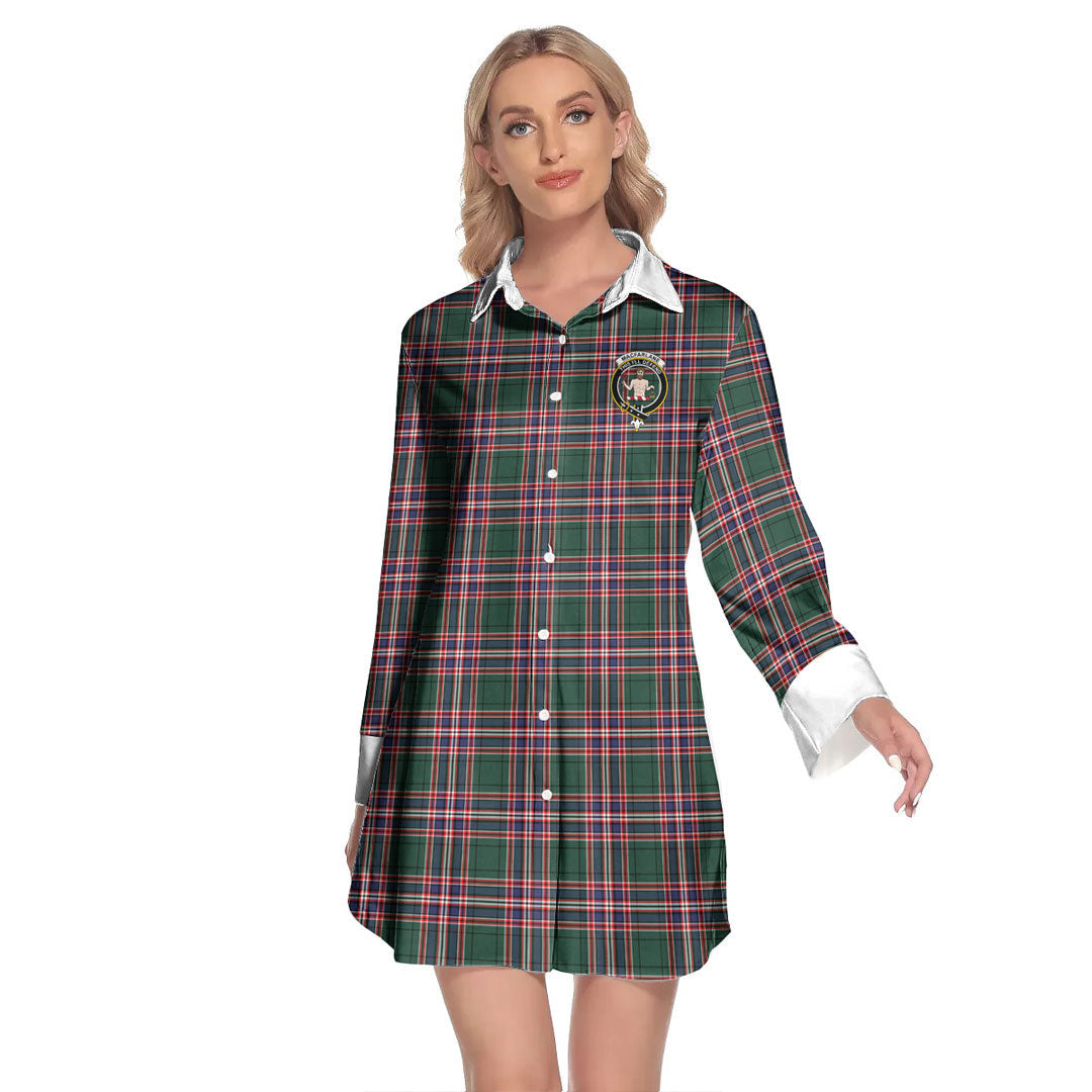 MacFarlane Hunting Modern Tartan Crest Lapel Shirt Dress Long Sleeve