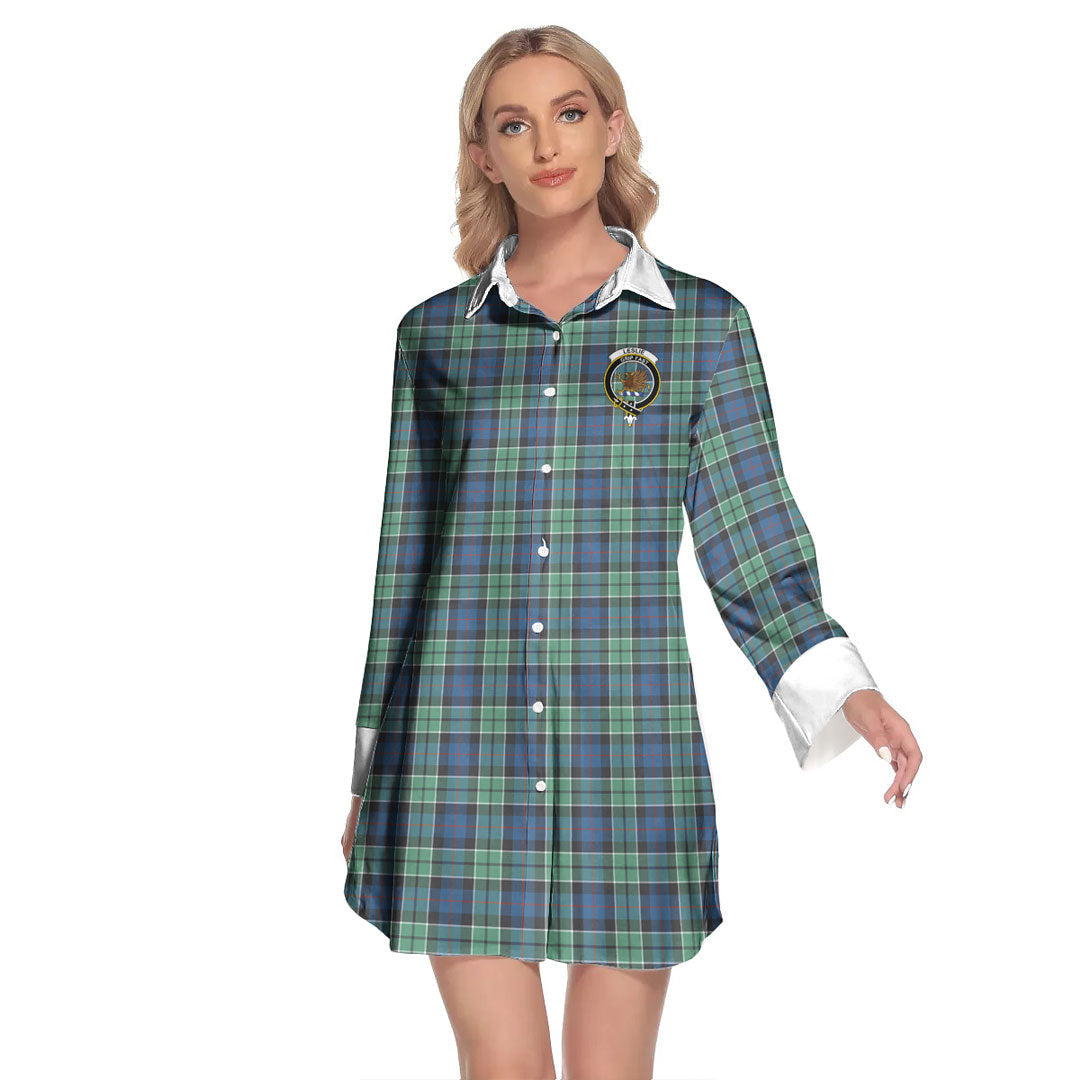 Leslie Hunting Ancient Tartan Crest Lapel Shirt Dress Long Sleeve