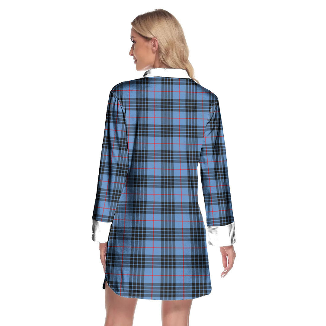 MacKay Blue Tartan Crest Lapel Shirt Dress Long Sleeve