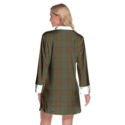 Gray Tartan Crest Lapel Shirt Dress Long Sleeve