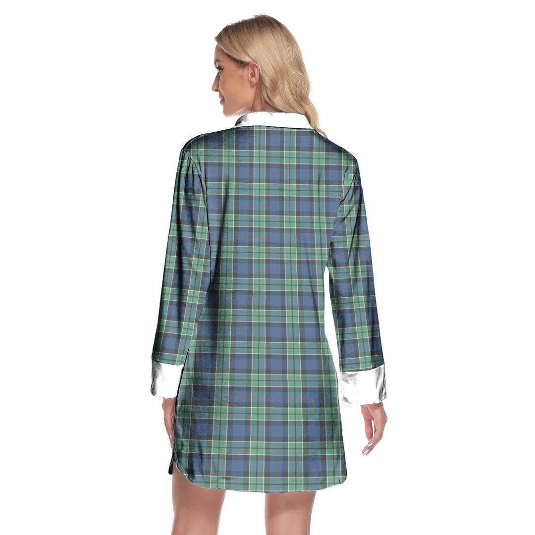 Leslie Hunting Ancient Tartan Crest Lapel Shirt Dress Long Sleeve