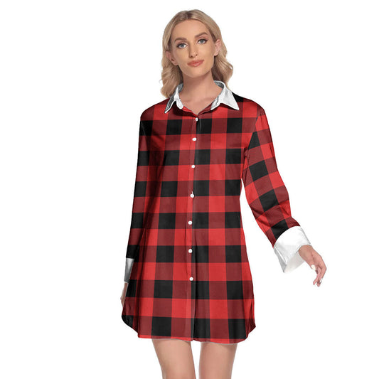 Rob Roy MacGregor Modern Tartan Plaid Lapel Shirt Dress Long Sleeve