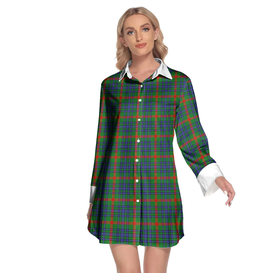 Aiton Tartan Plaid Lapel Shirt Dress Long Sleeve