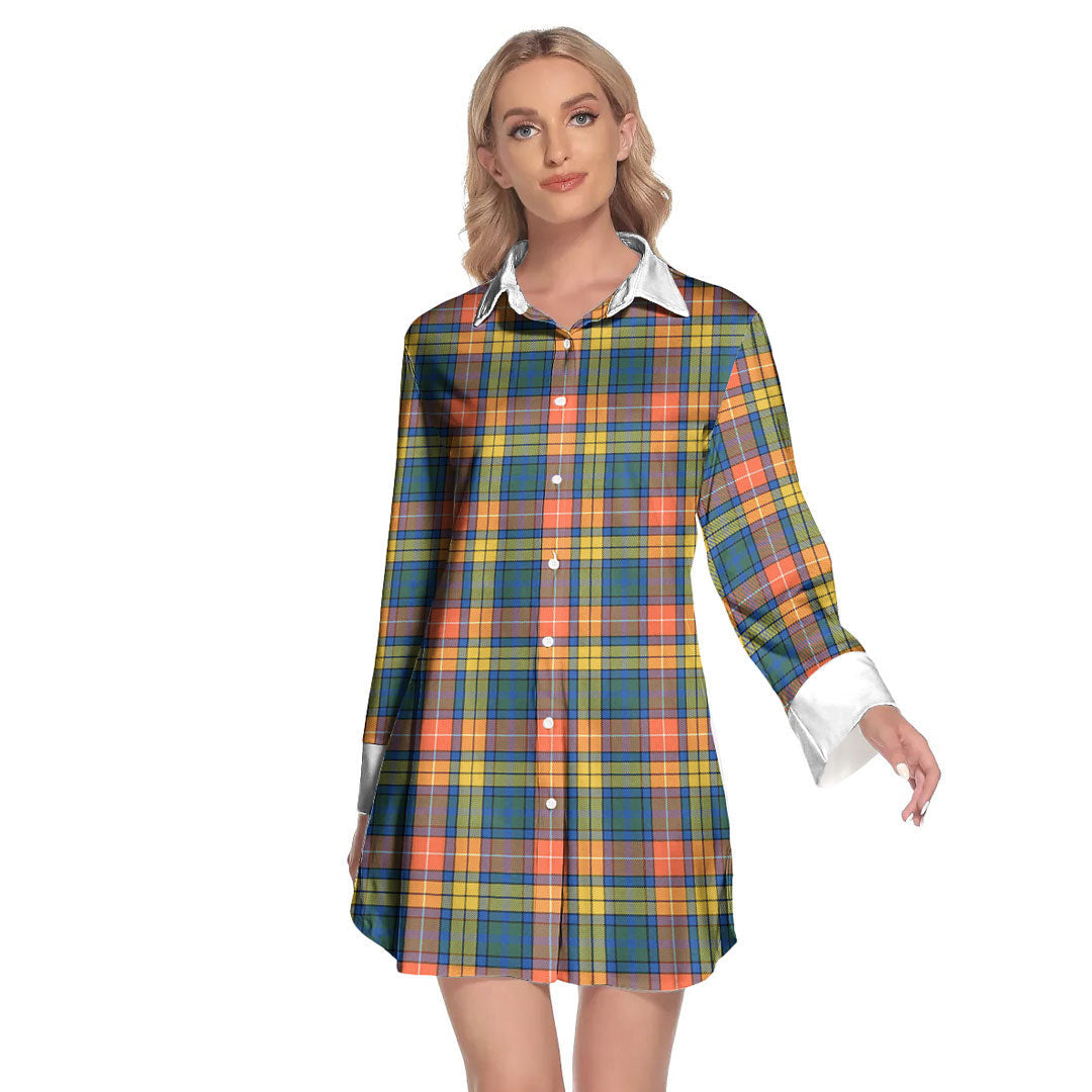 Buchanan Ancient Tartan Plaid Lapel Shirt Dress Long Sleeve