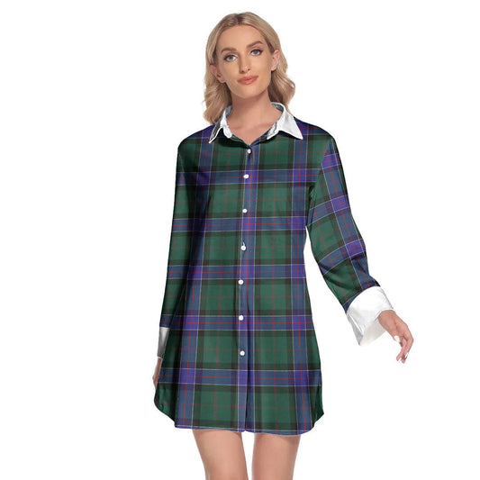 Sinclair Hunting Modern Tartan Plaid Lapel Shirt Dress Long Sleeve