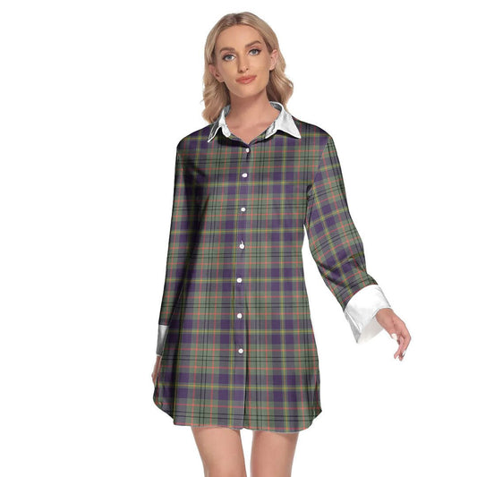 Taylor Weathered Tartan Plaid Lapel Shirt Dress Long Sleeve