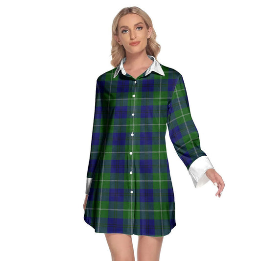 Oliphant Modern Tartan Plaid Lapel Shirt Dress Long Sleeve